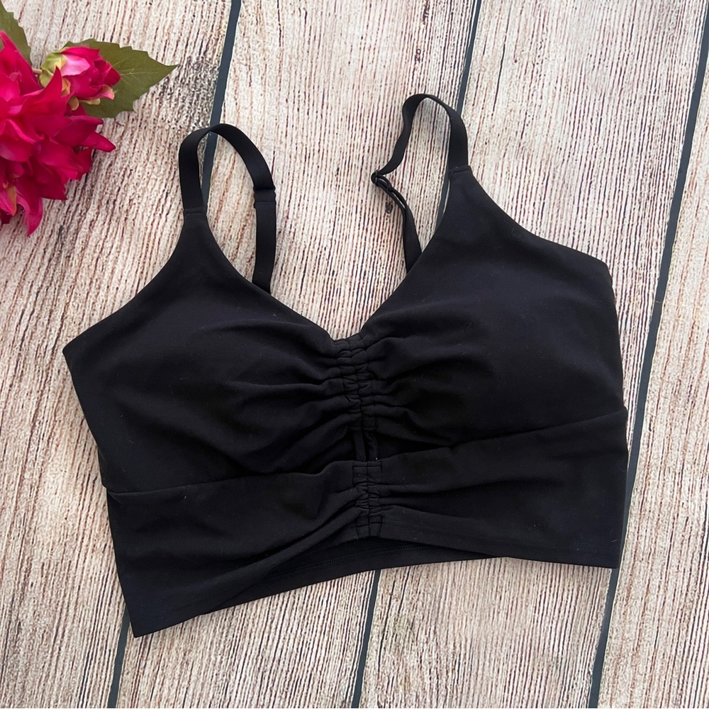 F1 -- ATHLETA black spaghetti strap cinched ruched activewear sports bra SMALL